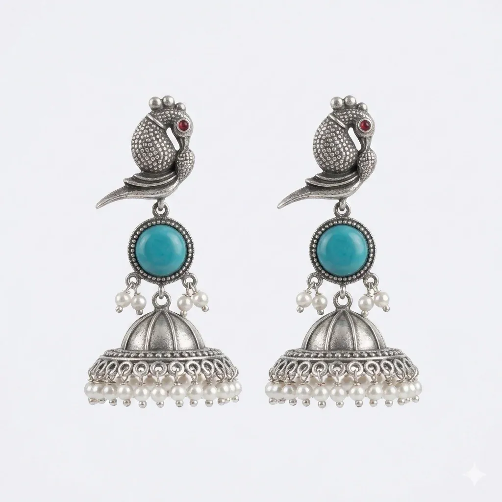 Elegant Peacock Oxidized Silver Jhumka Earrings with Sky Blue Stone & Pearl Accents - Detailed Feature View 2