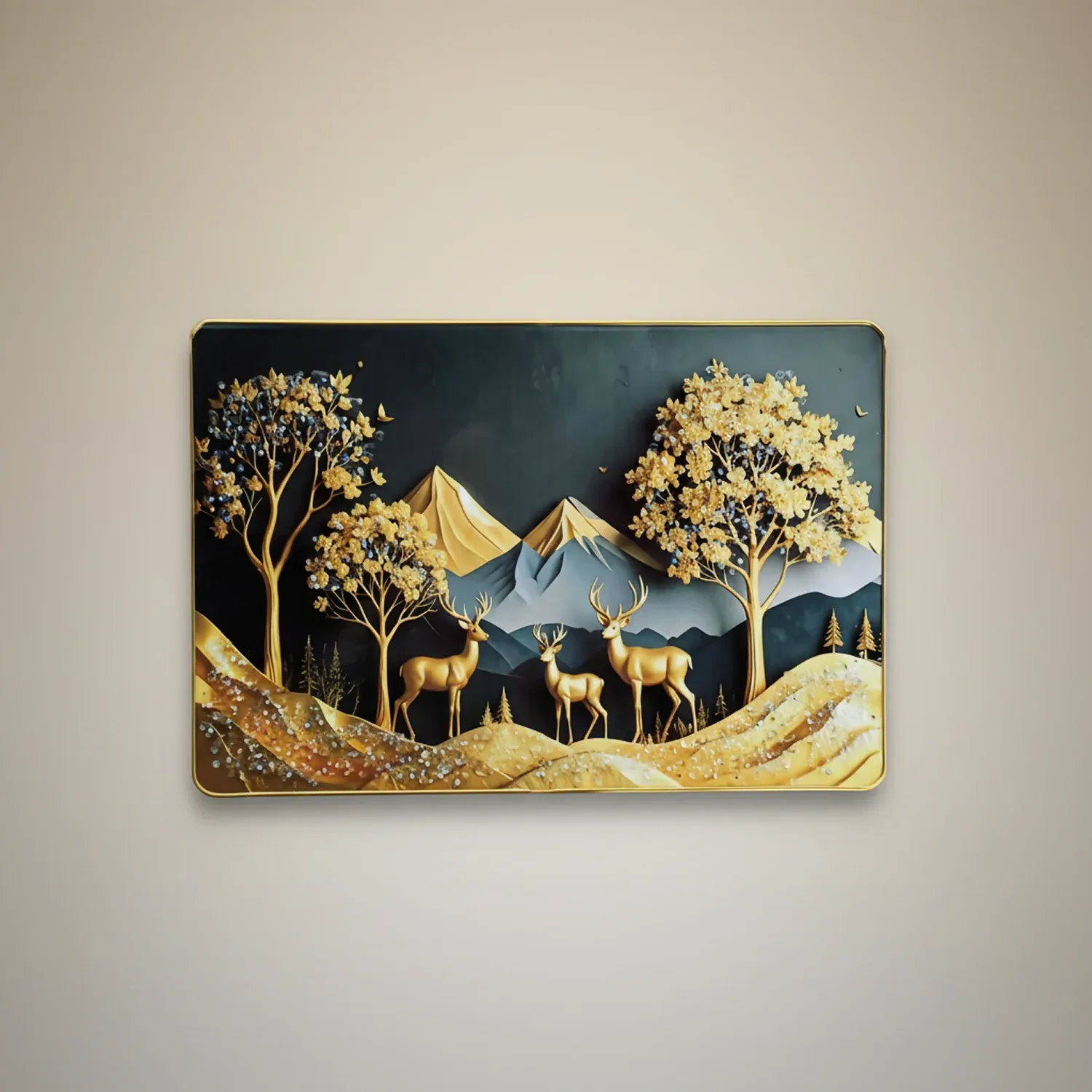 Premium Luxury Golden Deer Wall Art – Elegant Mountain Landscape Decor - Buy Online at Alikart