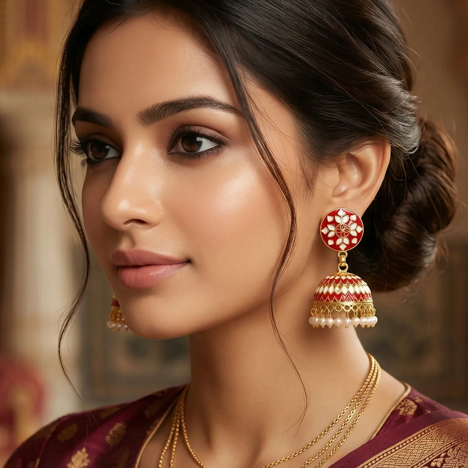 Red Floral Jhumka Earrings with Pearl Beads for Women - Detailed Feature View 2