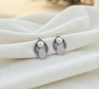 The Rose & Pearl Duet: Vintage-Finish Silver Drop Studs earrings