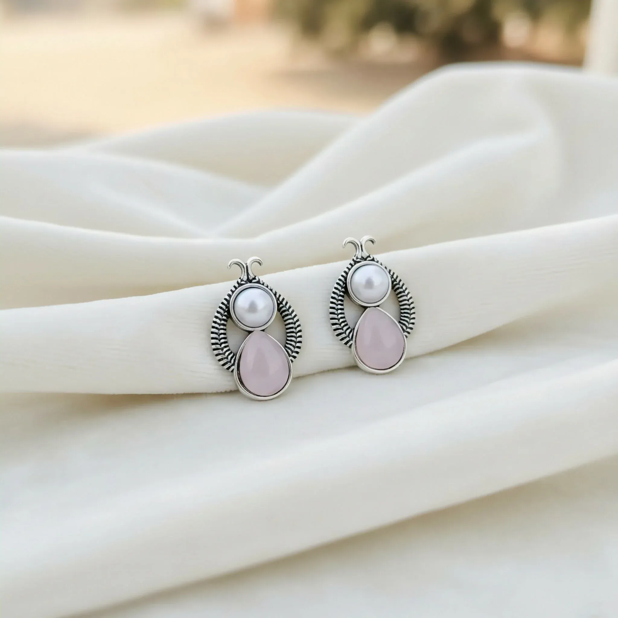 Premium The Rose & Pearl Duet: Vintage-Finish Silver Drop Studs earrings - Buy Online at Alikart
