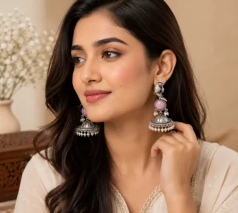 Elegant Oxidized Peacock Jhumka Earrings with Pink Stone & Pearl for Women Girls