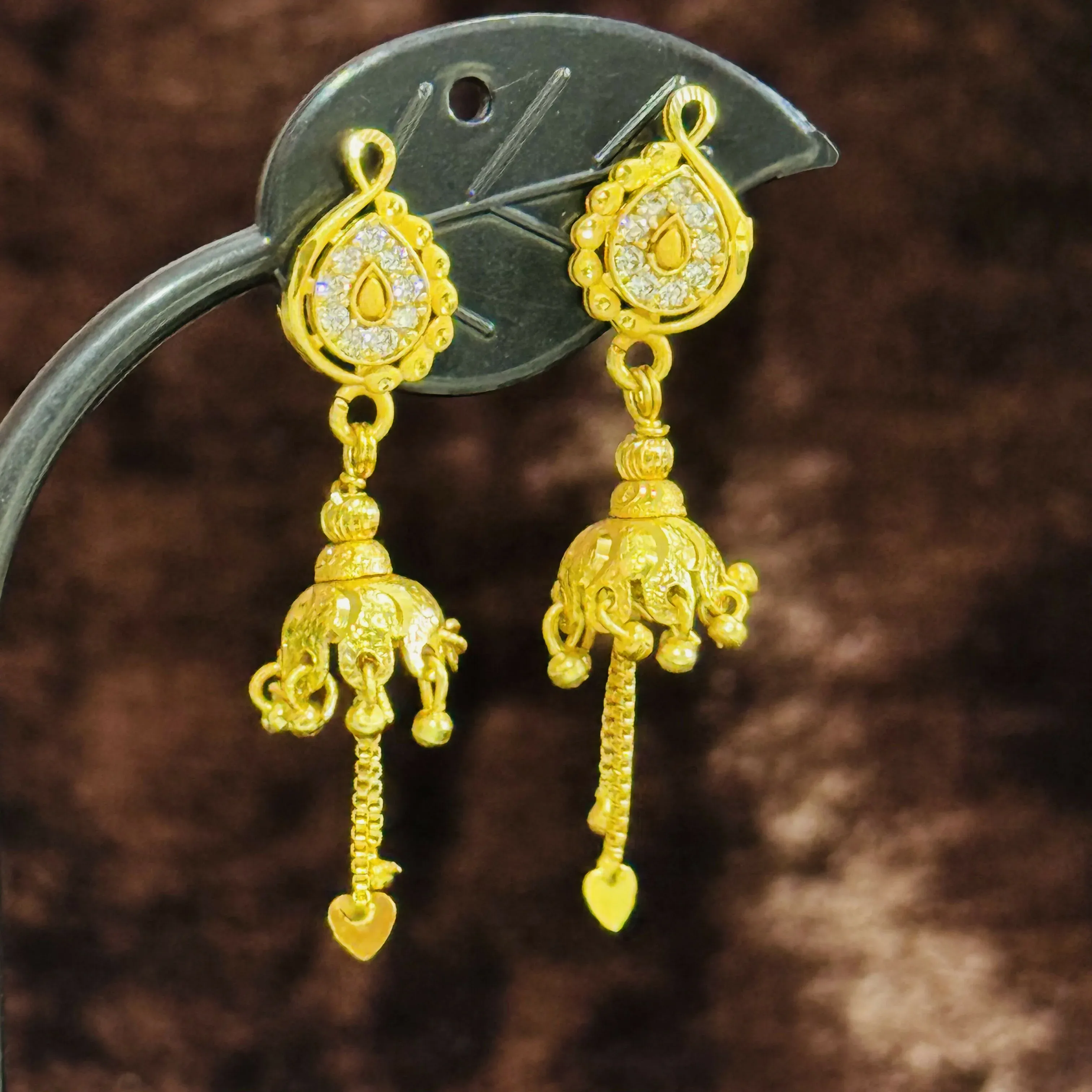 Elegant Paisley Stud Jhumka Earrings with Chain Drops - Detailed Feature View 1