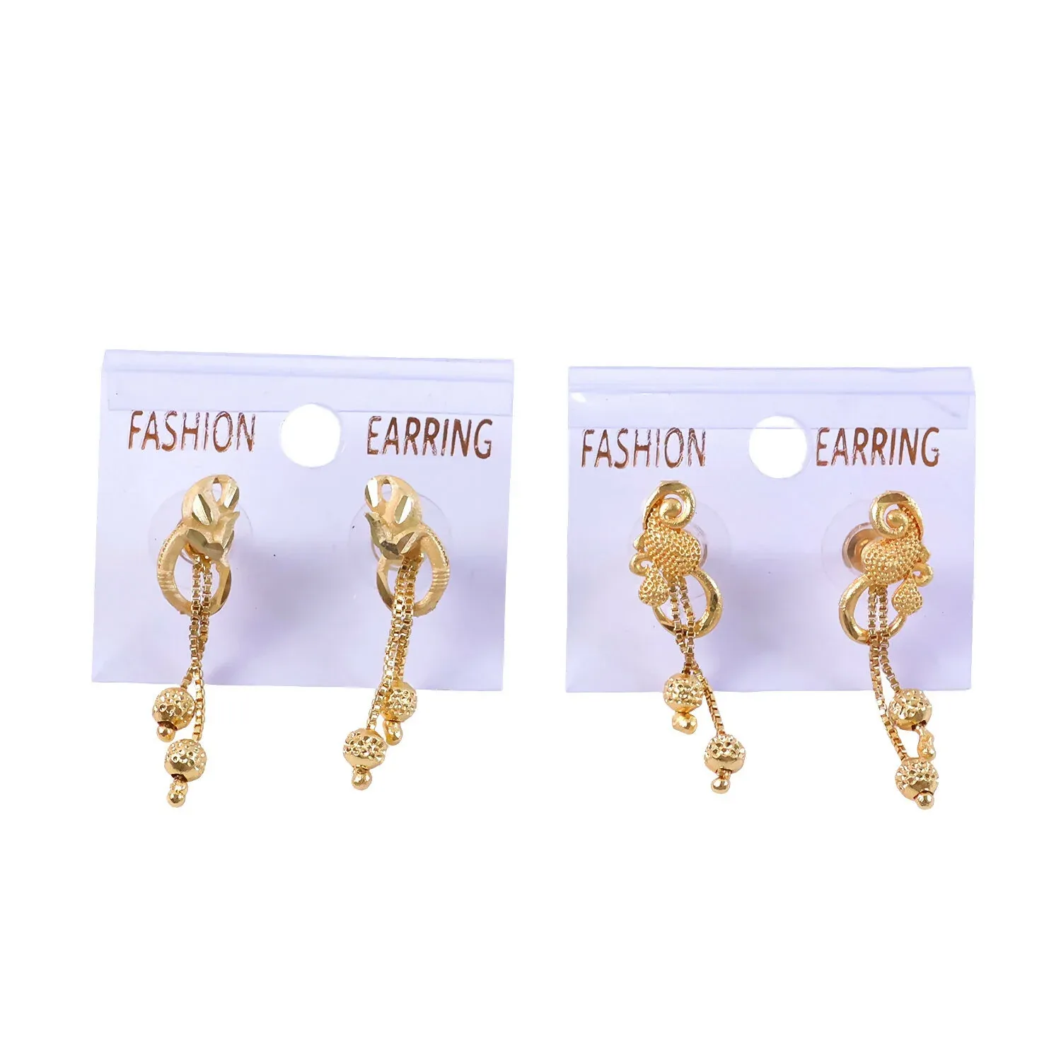 Chic Gold Chain Drop Earrings with Triple Hanging Beads and Sculpted Top Deign (2 Pair) - Detailed Feature View 4