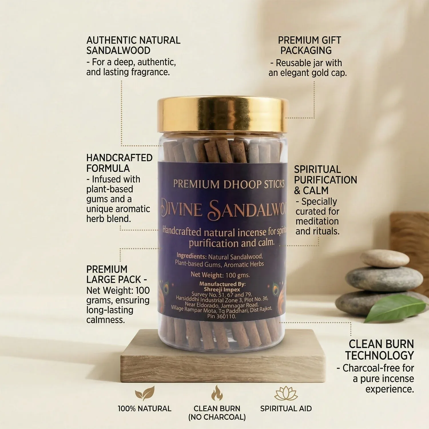 Divine Sandalwood Premium Dhoop Sticks - Natural Incense 100Gm - Detailed Feature View 1