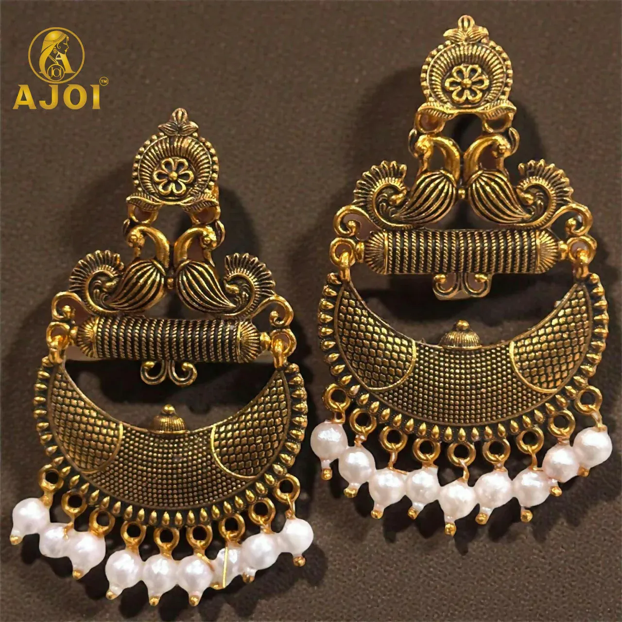 Antique Gold Tribal Chandbali Earrings with Pearl Drops & Peacock Motif - Detailed Feature View 5