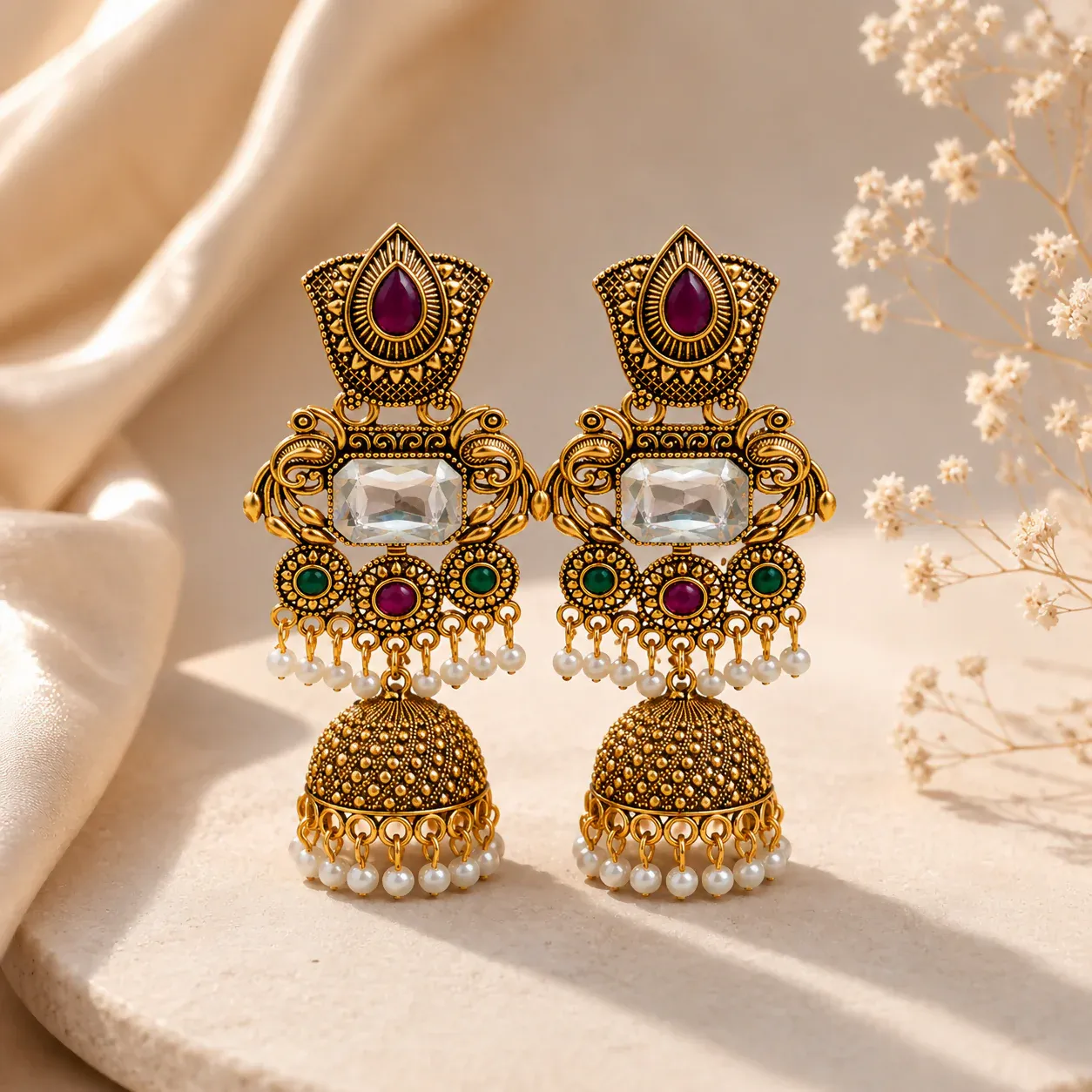 Gold Plated Kundan Jhumka Earrings with Pearl Drops for Women - Detailed Feature View 2