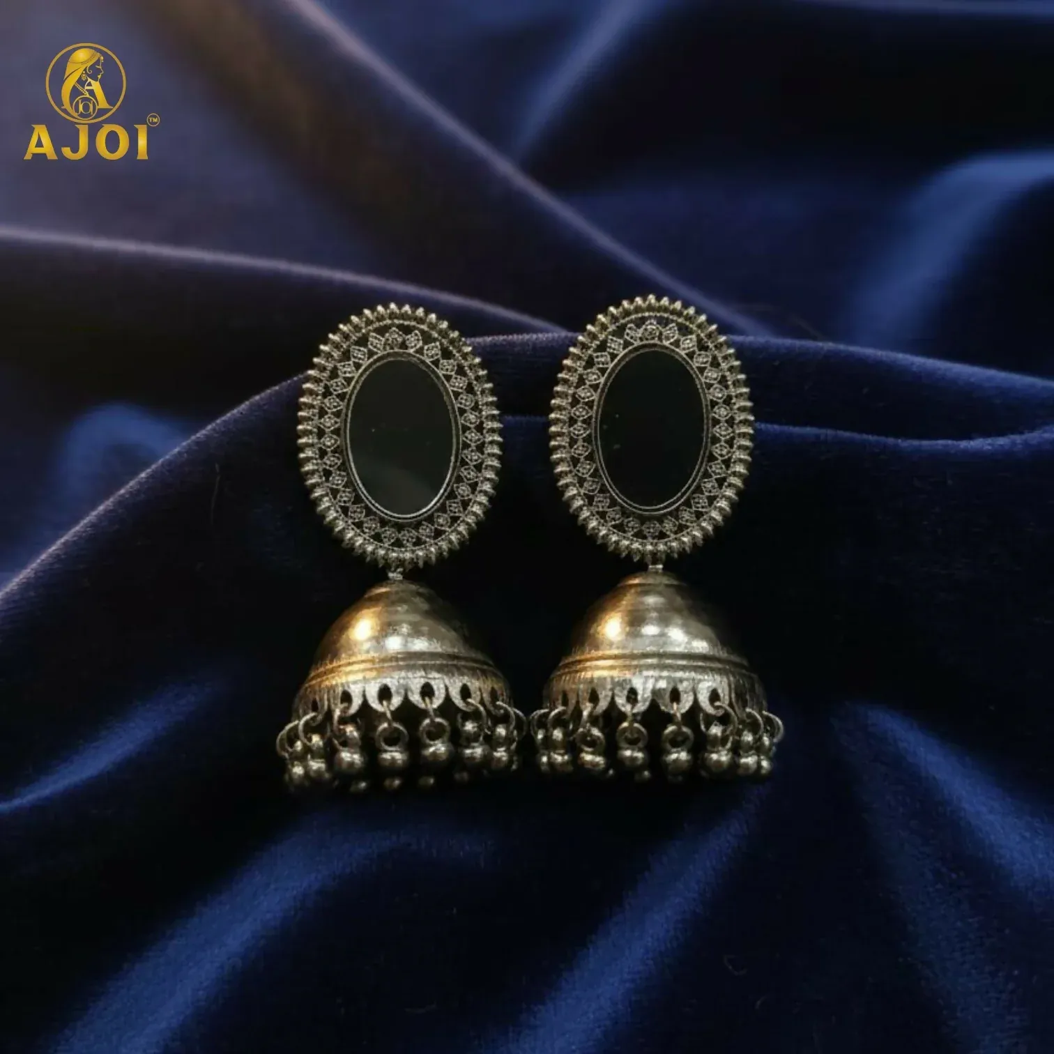 Antique Silver Mirror Jhumka Earrings - Detailed Feature View 3