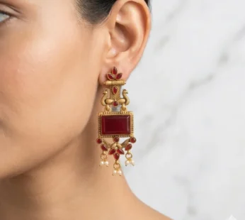 Elegant Oxidised Gold Plated Red Stone Peacock Design Dangler Earrings for Women and girls