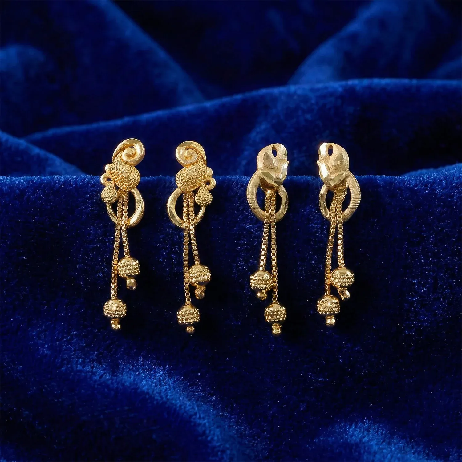 Chic Gold Chain Drop Earrings with Triple Hanging Beads and Sculpted Top Deign (2 Pair) - Detailed Feature View 2