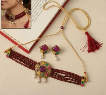 Traditional Maroon Beaded Choker Necklace Set with Purple Stone Earrings for Women