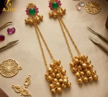 Imperial Kashmiri Gold-Plated Ear Cuff Chain Earrings with Emerald & Ruby Accents