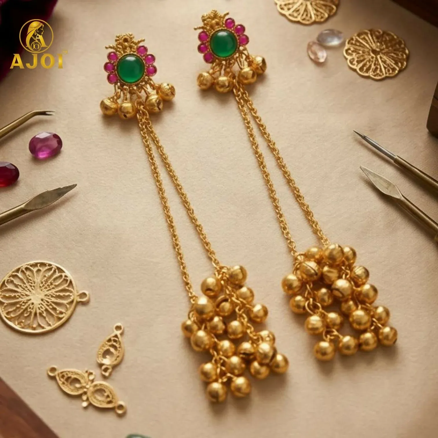 Premium Imperial Kashmiri Gold-Plated Ear Cuff Chain Earrings with Emerald & Ruby Accents - Buy Online at Alikart