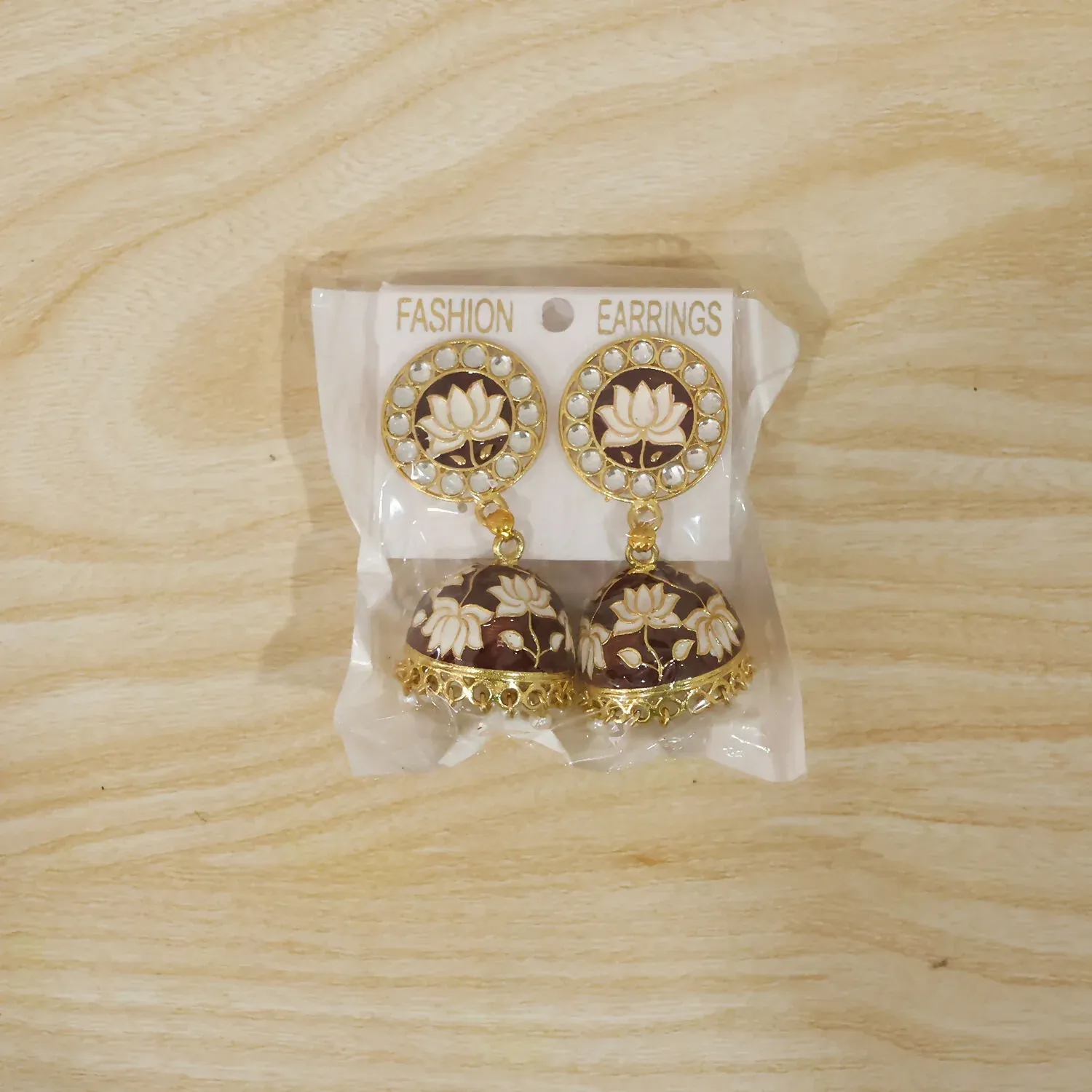Maroon Lotus Design Gold-Tone Jhumka Earrings with Pearls - Detailed Feature View 3