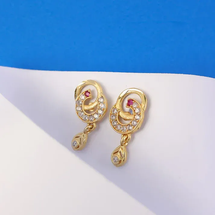 Gold Plated Round Teardrop Earrings with Stone Highlights - Detailed Feature View 2