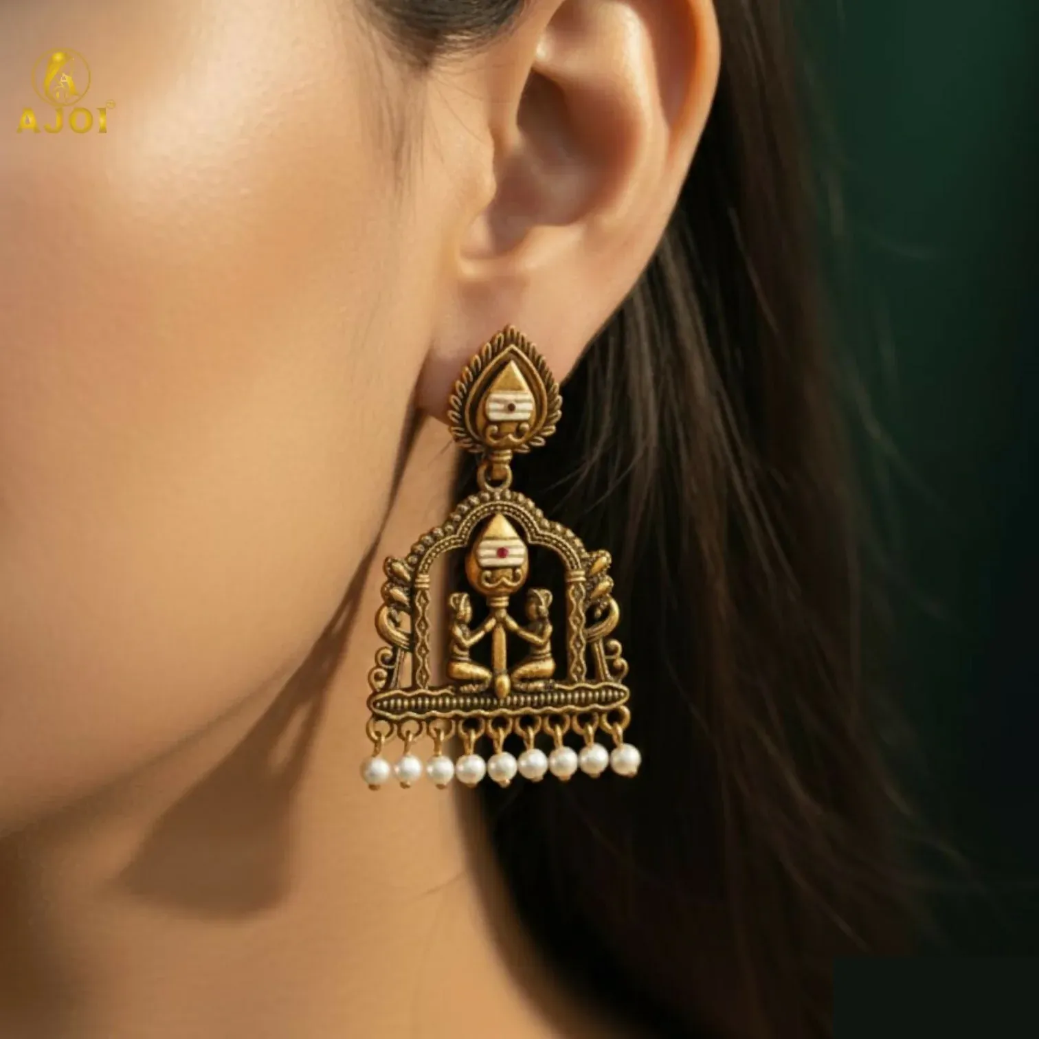 Royal Temple Muse Gold-Tone Jhumka Earrings with Pearl Danglers - Detailed Feature View 1