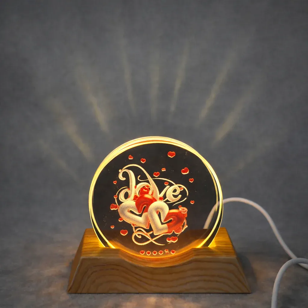 Love Double Heart Acrylic LED Lamp with Wooden Base - Romantic Gift - Detailed Feature View 2