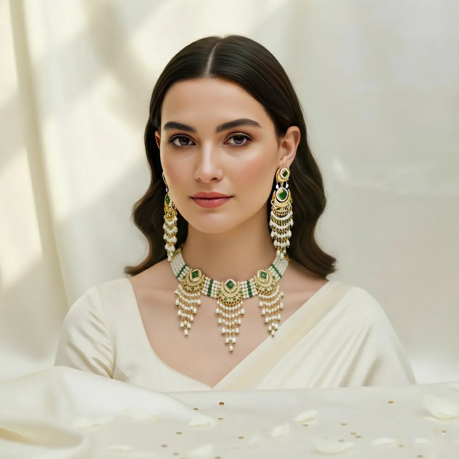 Elegant Emerald & Pearl Choker Necklace Set with Chandbali Jhumka Earrings - Detailed Feature View 2