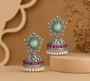 Oxidized Silver Jhumka Earrings with Mint Green & Ruby Red Stones