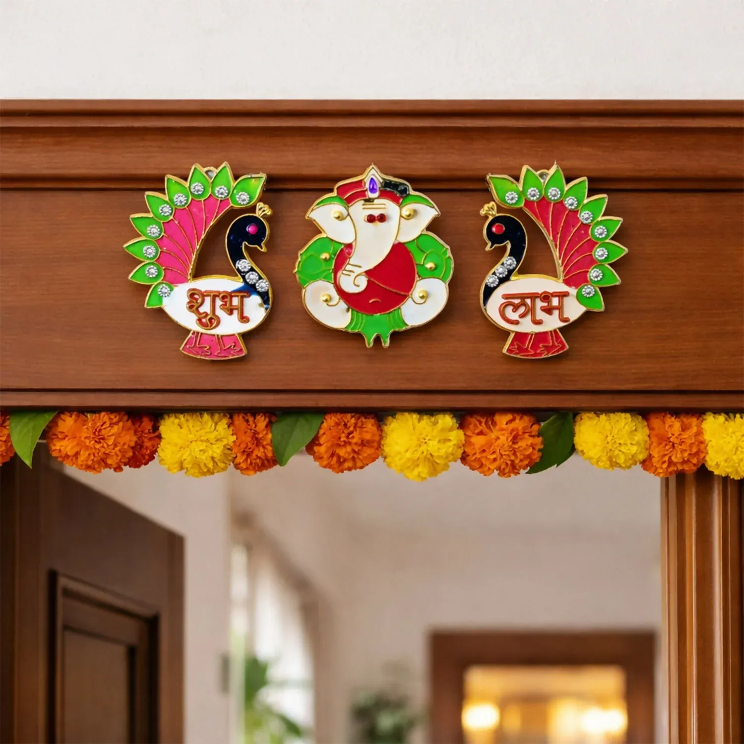 Acrylic Meenakari Peacock Ganesh Shubh Labh Door Hanging – Set of 3 - Detailed Feature View 1