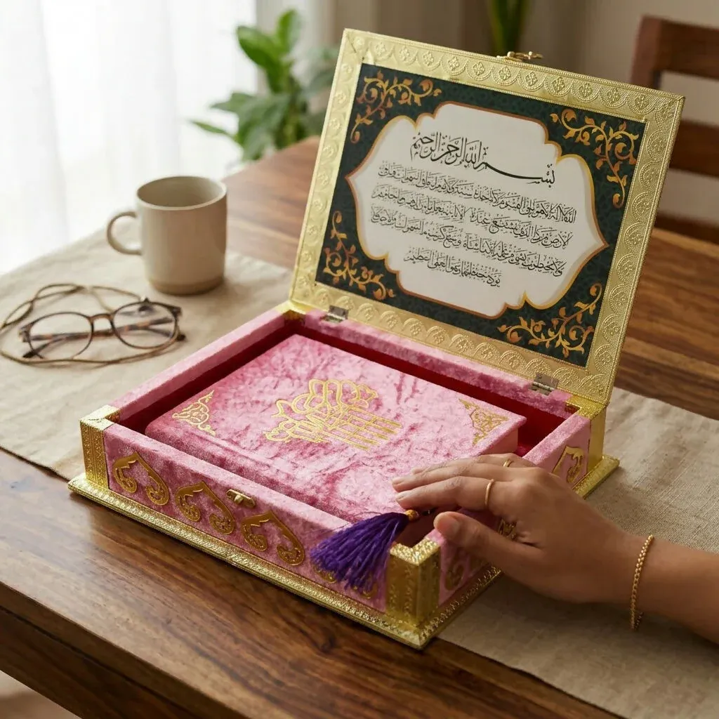 Luxury Velvet Quran Box with Folding Rehal and Golden Calligraphy - Detailed Feature View 3