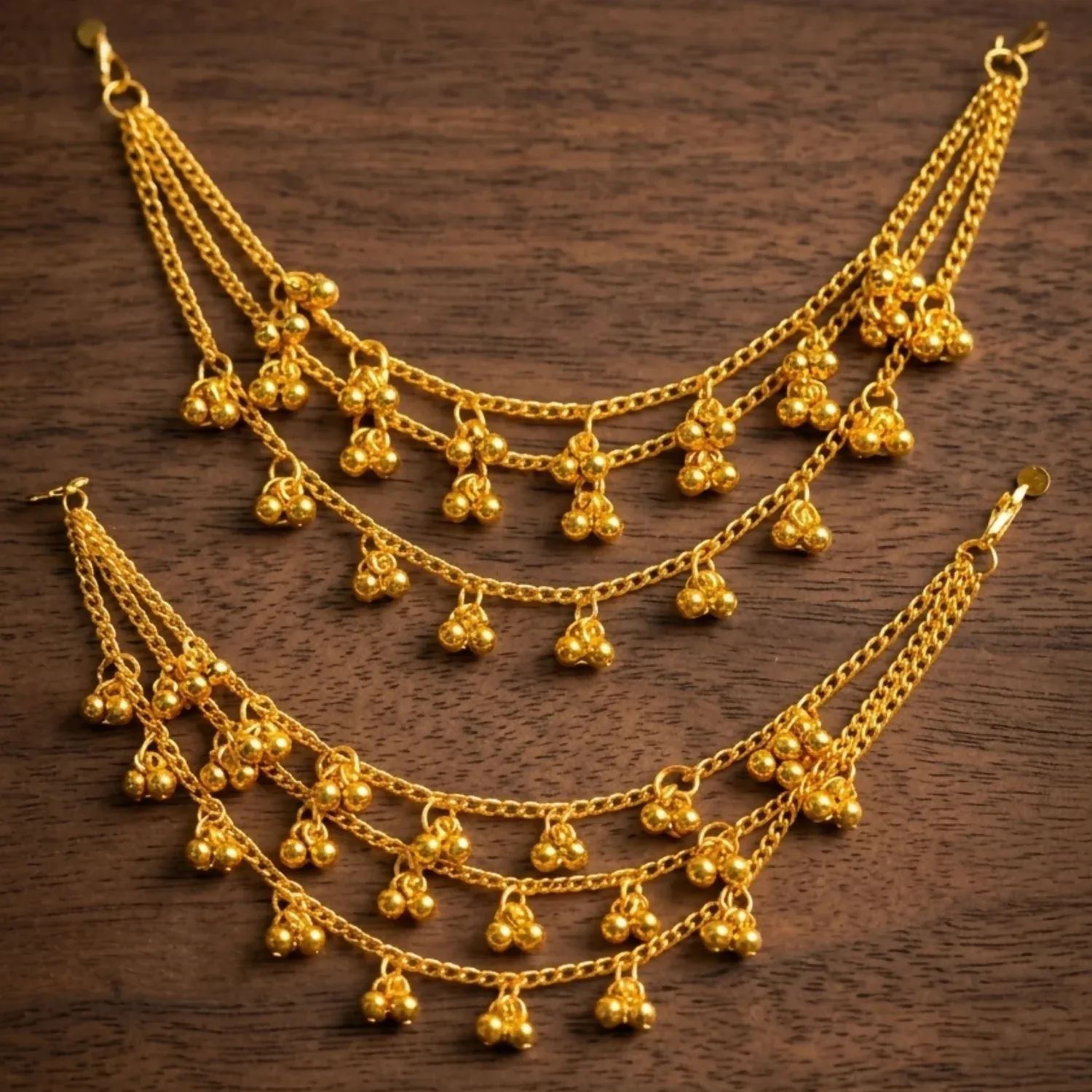 Traditional Gold-Tone Layered Anklet Set Festive Wear Dangling Charm Anklet Pair - Detailed Feature View 1