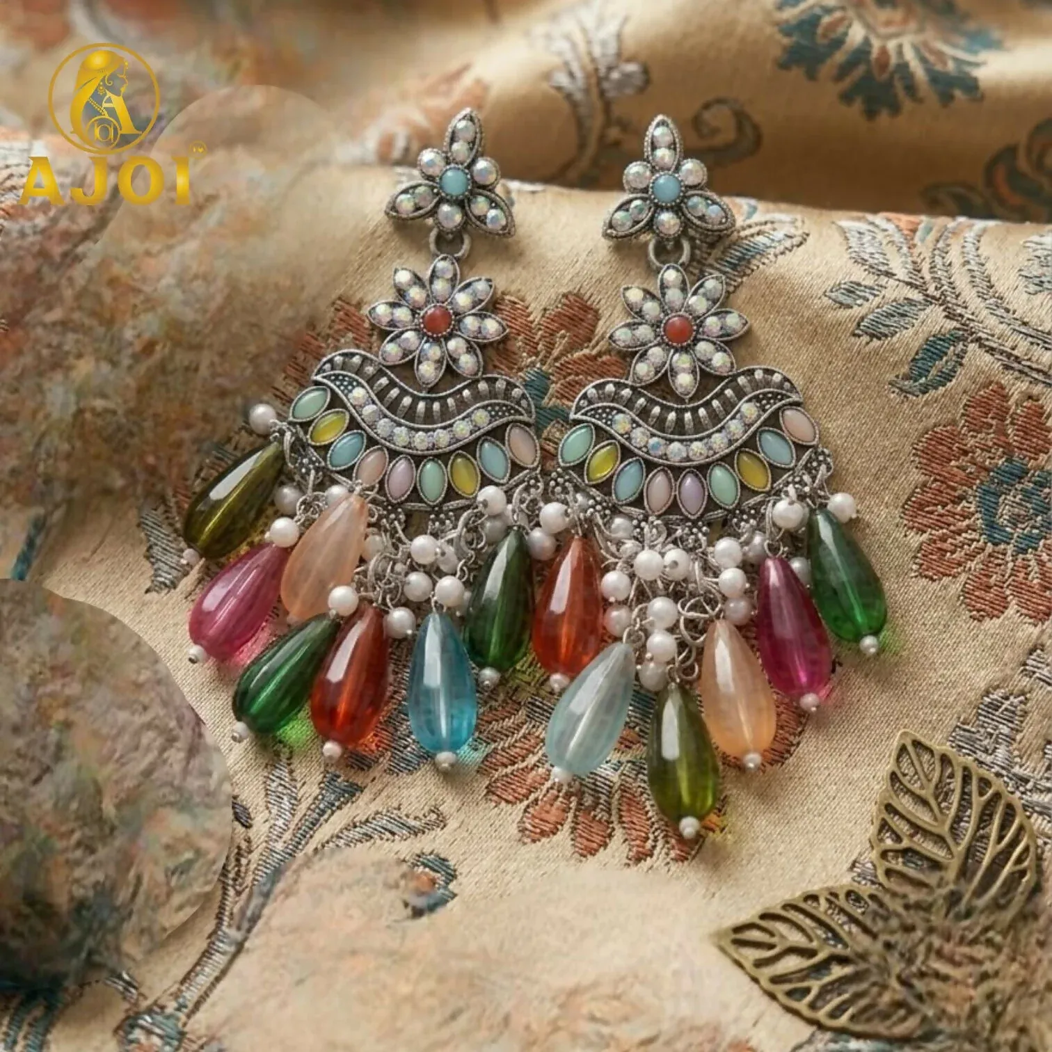 Oxidized Floral Earrings with Multicolor Drop Beads & Pearl Tassels - Detailed Feature View 3