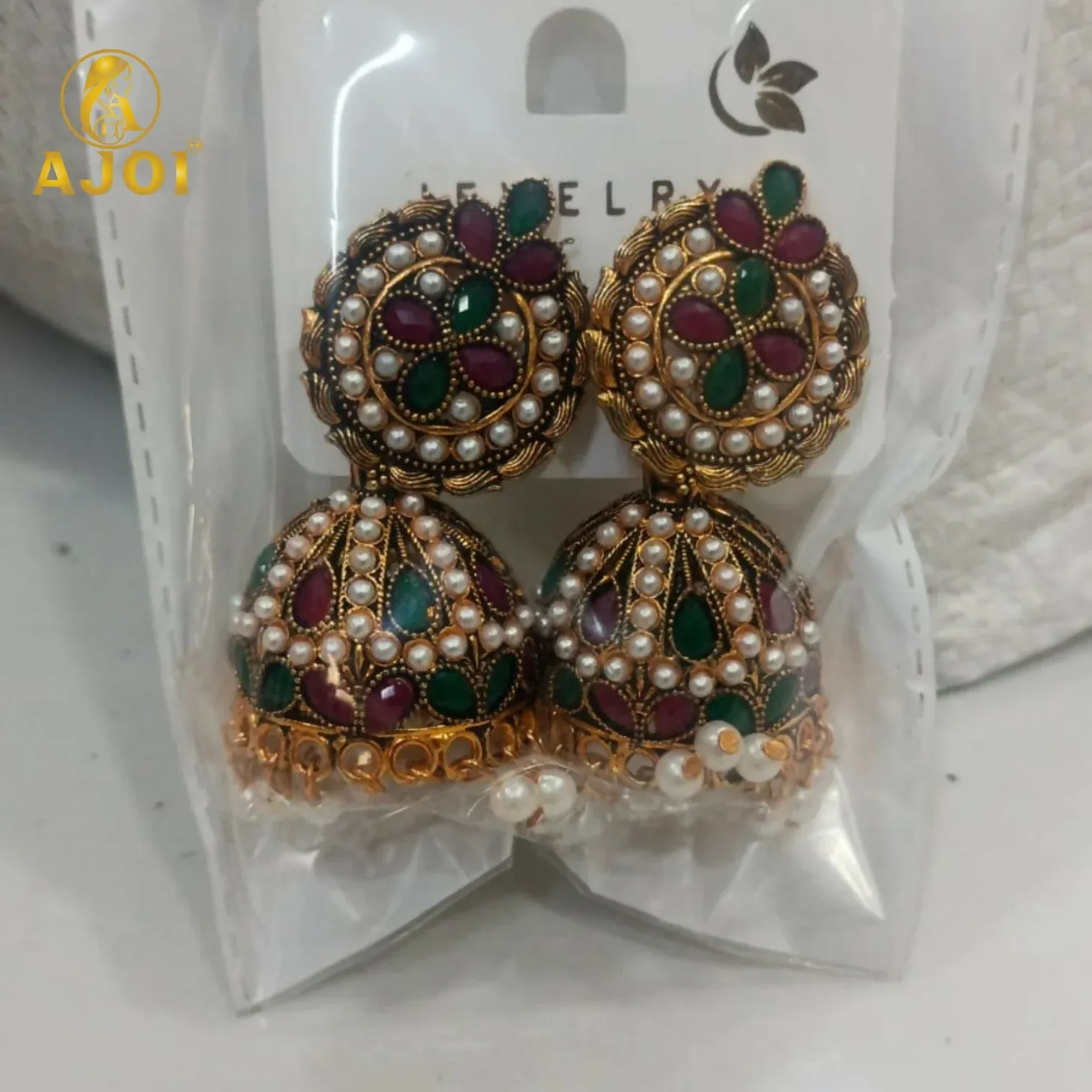 Exquisite Traditional Kundan Jhumka Earrings with Ruby & Emerald Stones, Handcrafted Gold-Tone Pearl Drop Bridal Jewelry - Detailed Feature View 5