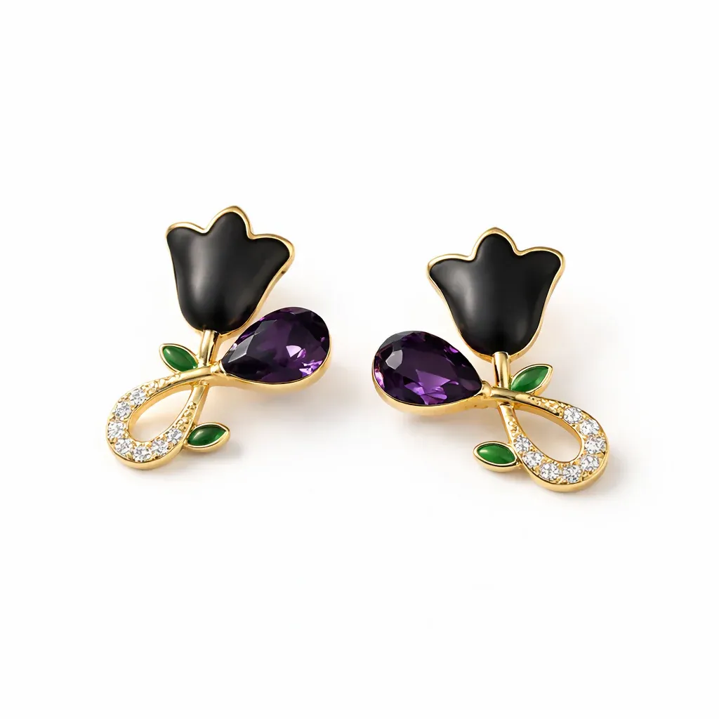 Elegant Black Floral Gold Plated Stud Earrings with Crystal Detail - Detailed Feature View 5