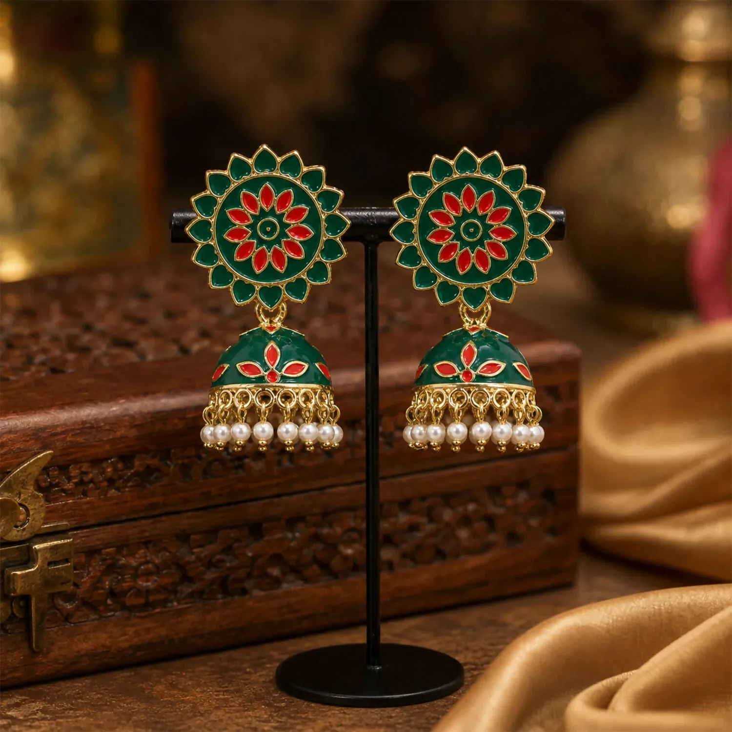 Green and Red Floral Enamel Jhumka Earrings with Pearl Drop Design - Detailed Feature View 2