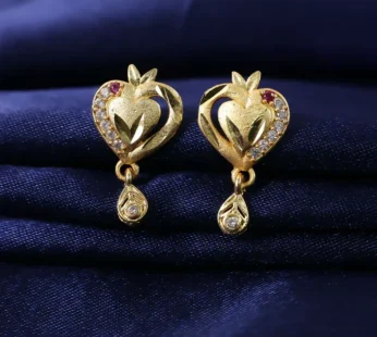 Heart Shaped Gold Finish Earrings With Crystal Border And Delicate Hanging Drop