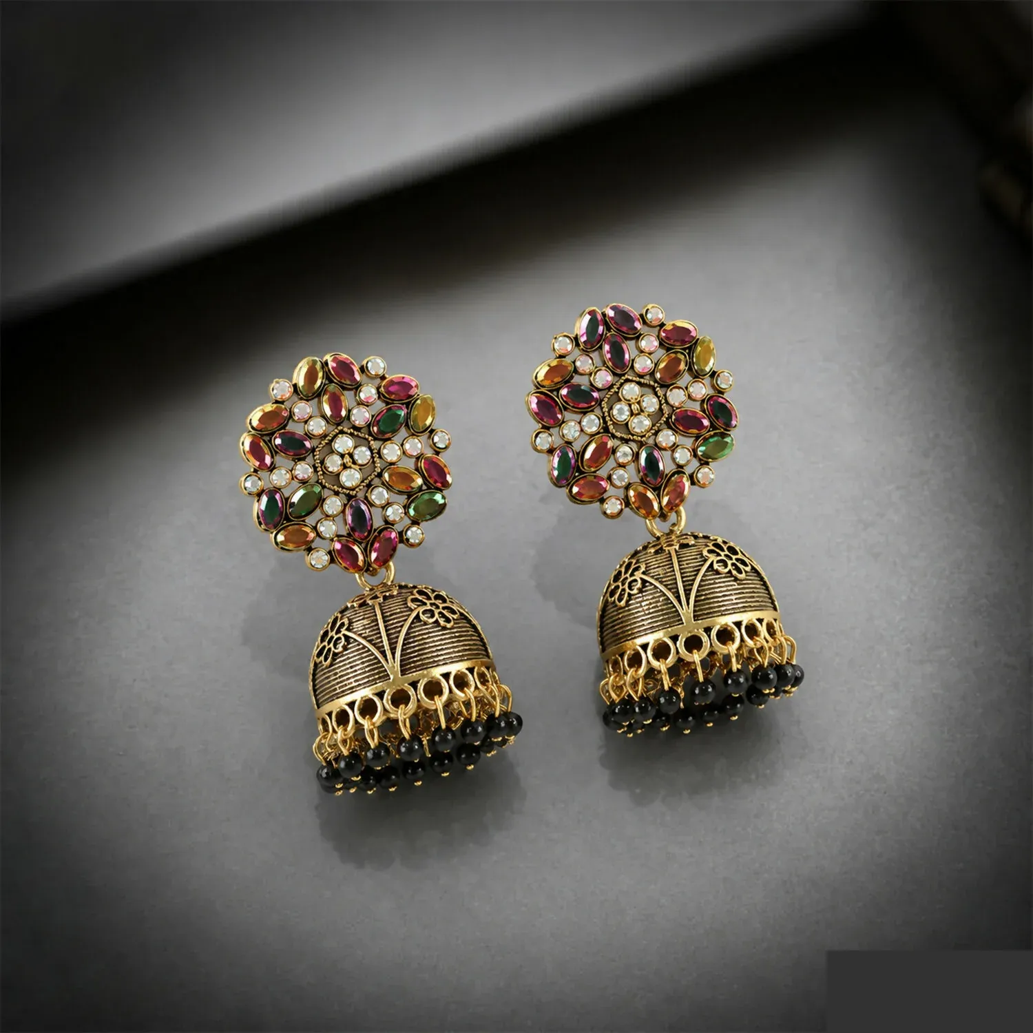 Antique Golden Jhumka Earrings with Black Stone Floral Top - Detailed Feature View 3