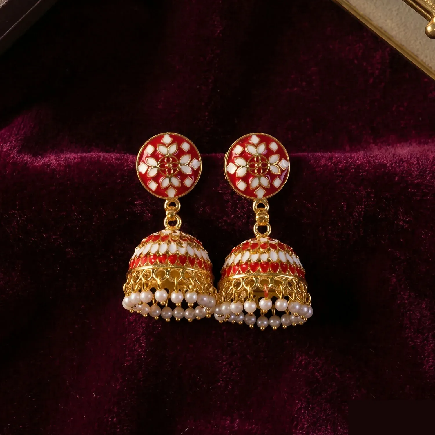 Red Floral Jhumka Earrings with Pearl Beads for Women - Detailed Feature View 5