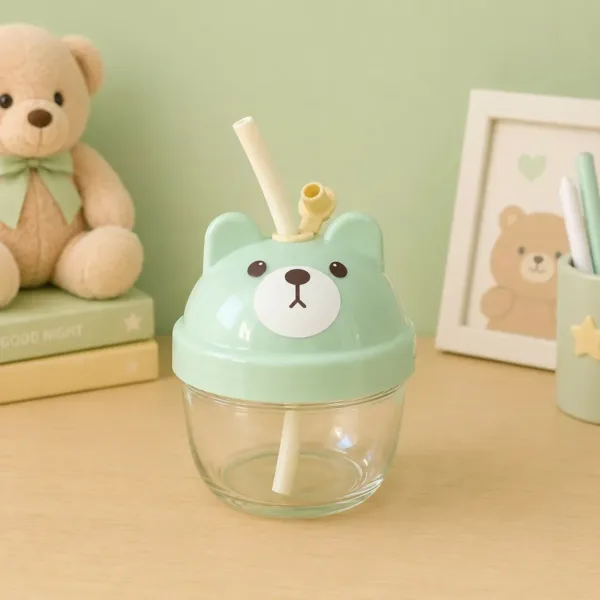 Glass Water Bottle – Leakproof Bear Design for Kids & Adults
