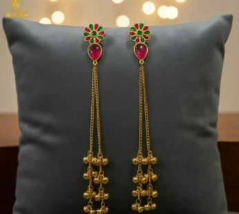 Kashmiri Gulbahar Gold Plated Long Chain Drop Earrings with Red & Green Stones