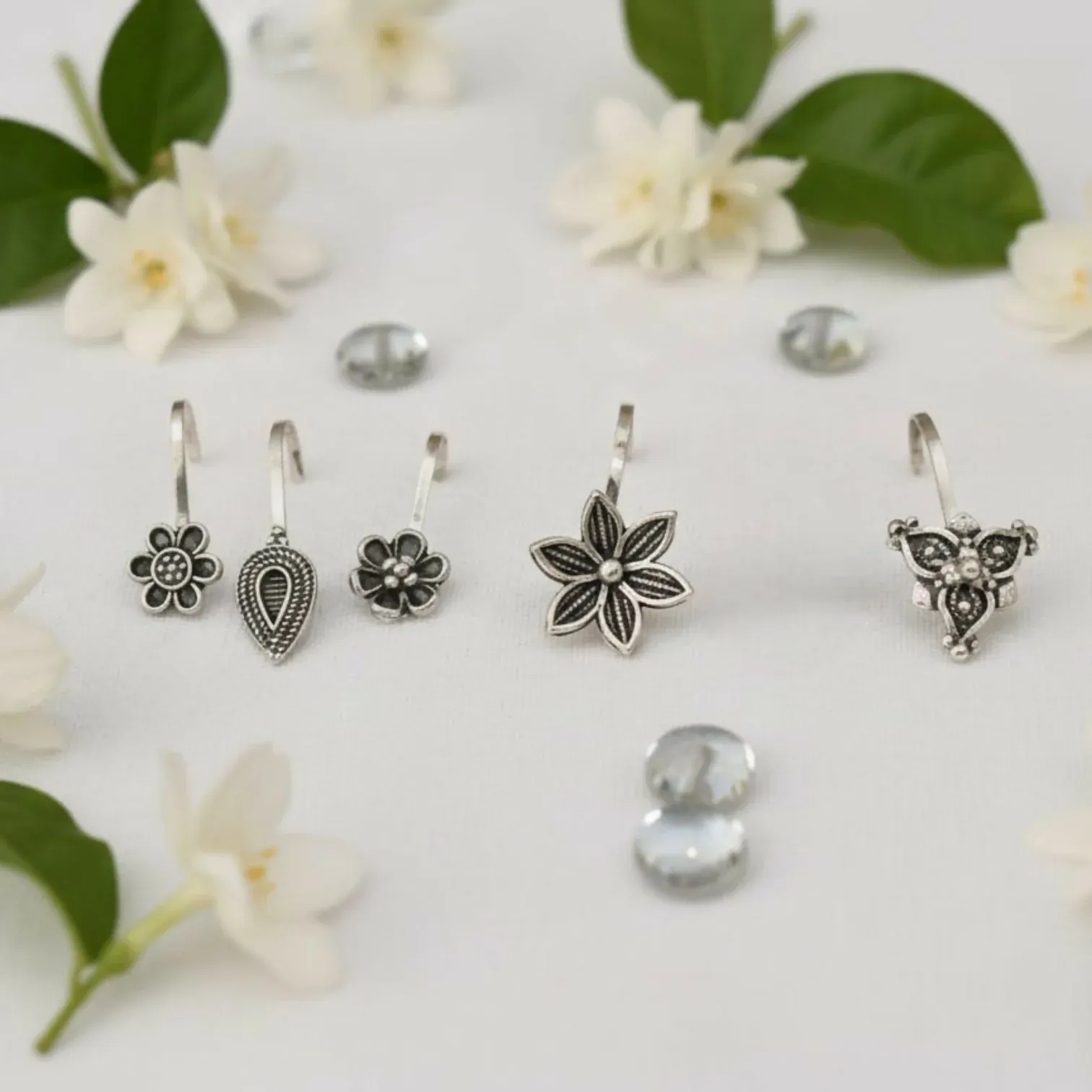 Oxidized Silver Traditional Floral Nose Pins Combo for Women & Girls (Pack of 5) - Detailed Feature View 5