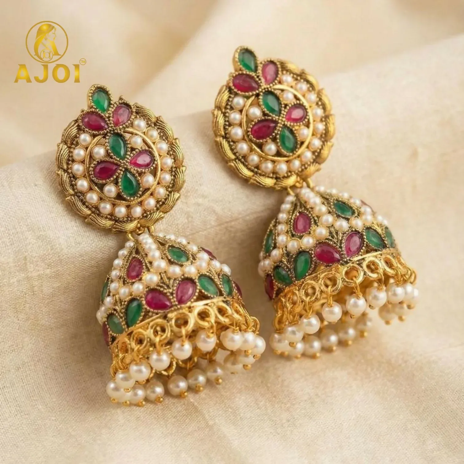 Exquisite Traditional Kundan Jhumka Earrings with Ruby & Emerald Stones, Handcrafted Gold-Tone Pearl Drop Bridal Jewelry - Detailed Feature View 4