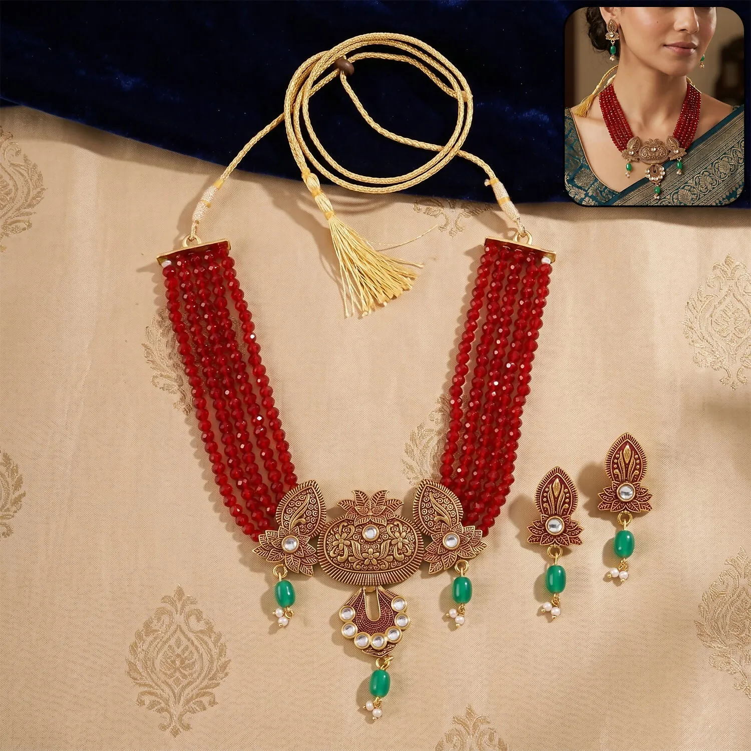 Premium Traditional Maroon Beaded Necklace Set with Earrings - Adjustable Thread - Buy Online at Alikart