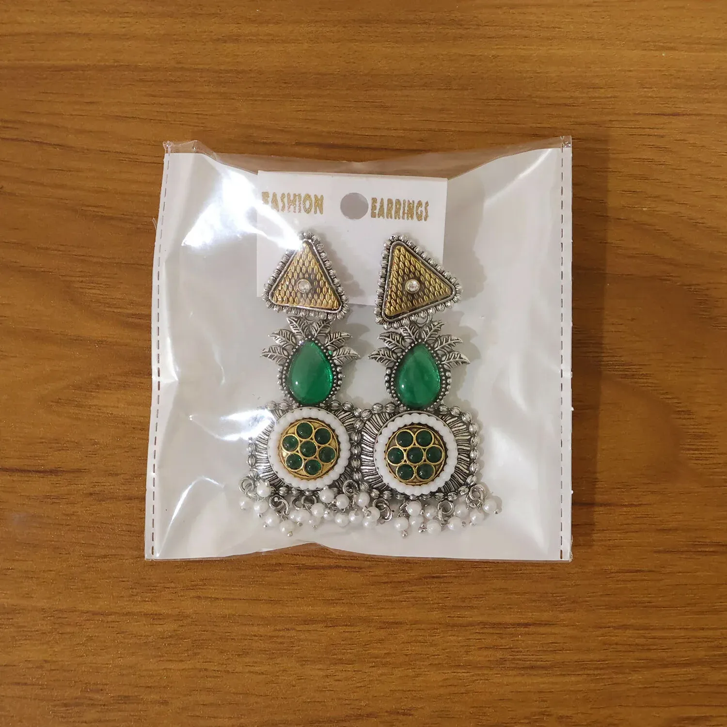 Elegant Oxidized Silver Earrings with Green Stone & Pearl Drop Fringe - Detailed Feature View 5