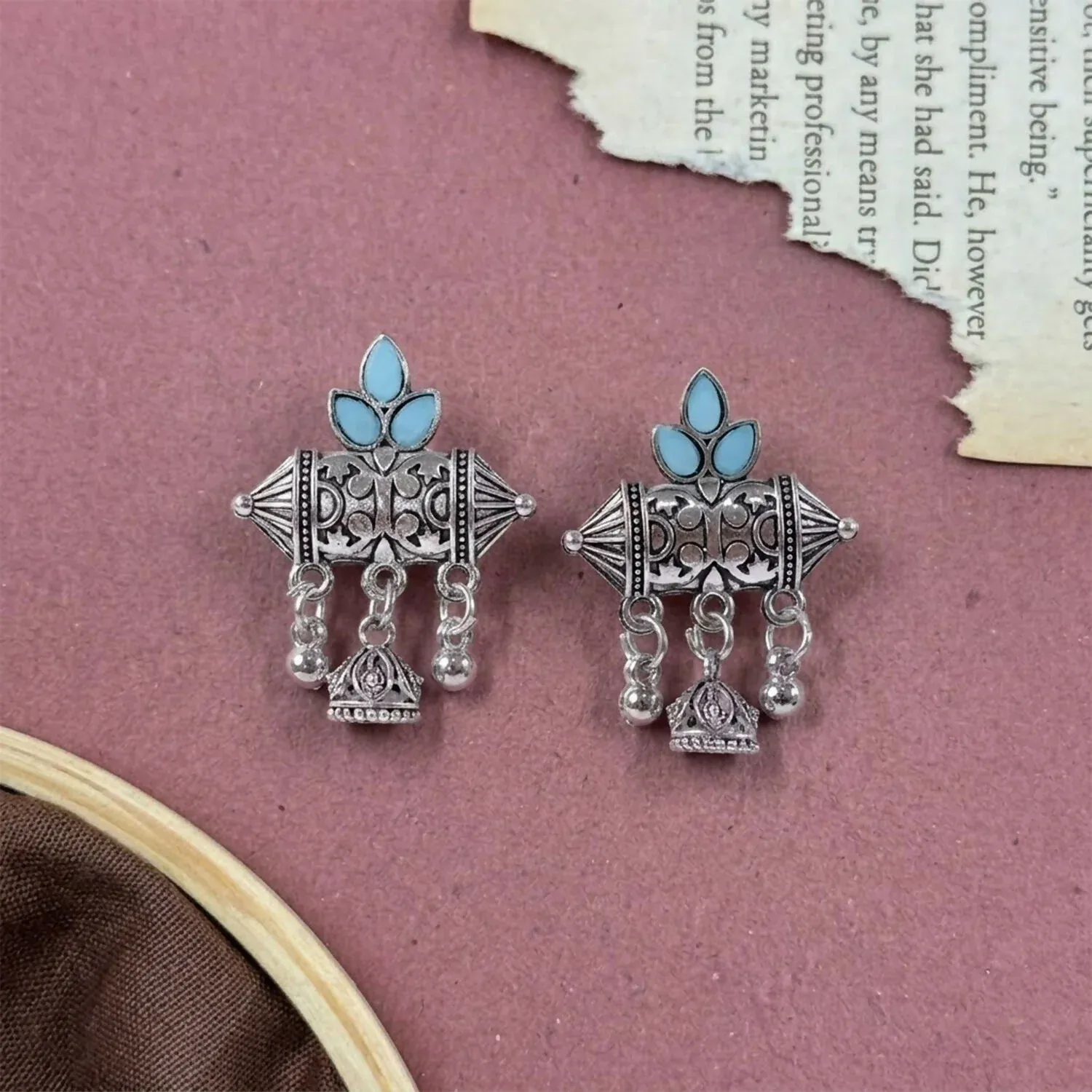 Oxidized Silver-Plated Sky Blue Leaf & Dhol Earrings with Mini Jhumka - Detailed Feature View 3