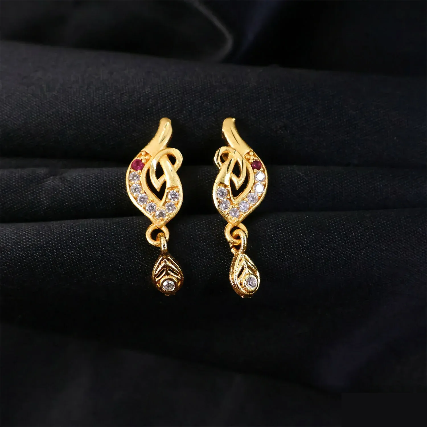 Gold Leaf Drop Earrings with Stone Details - Pair - Detailed Feature View 3