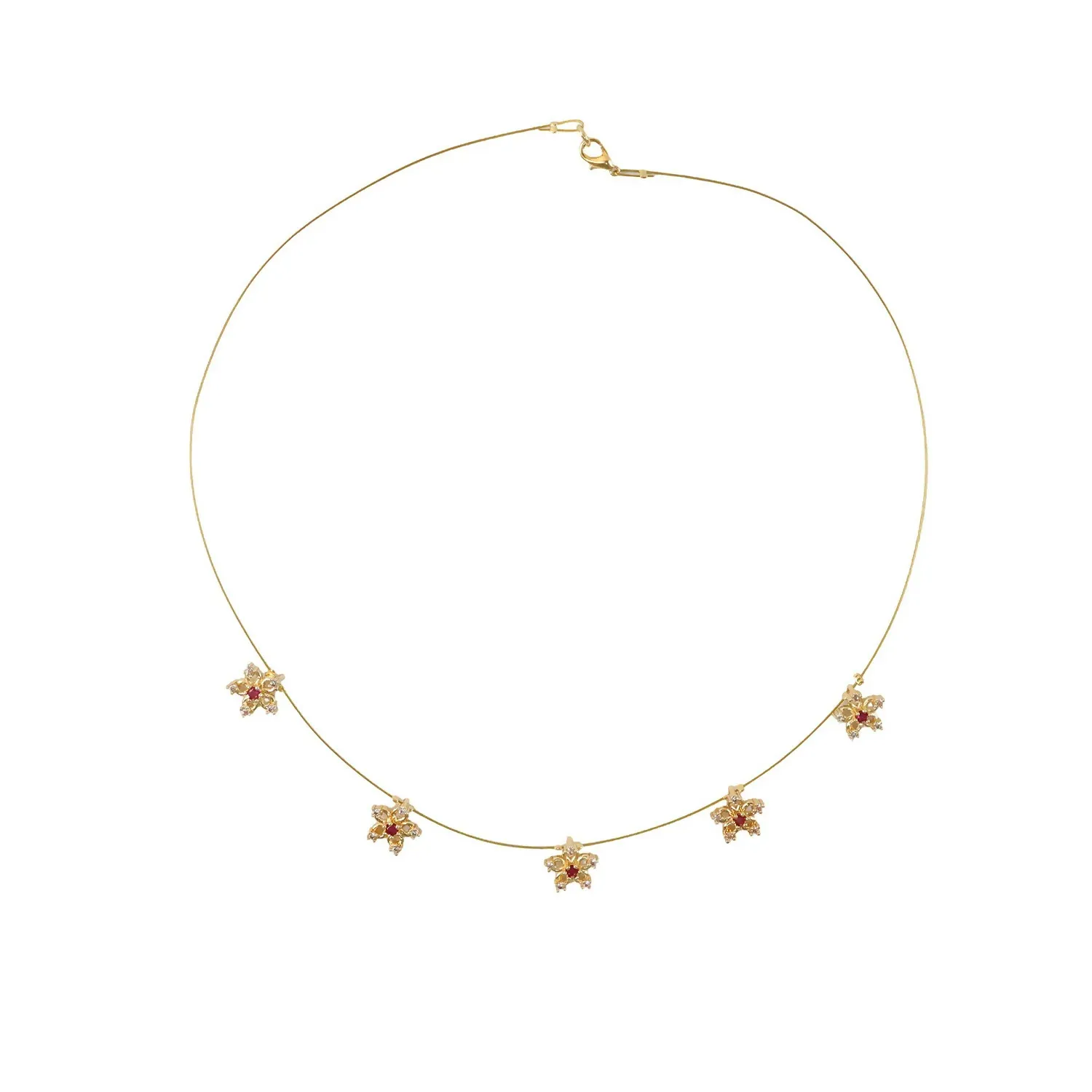 Minimalist Gold Chain Necklace with Floral Star Design & Red White Stones - Detailed Feature View 5