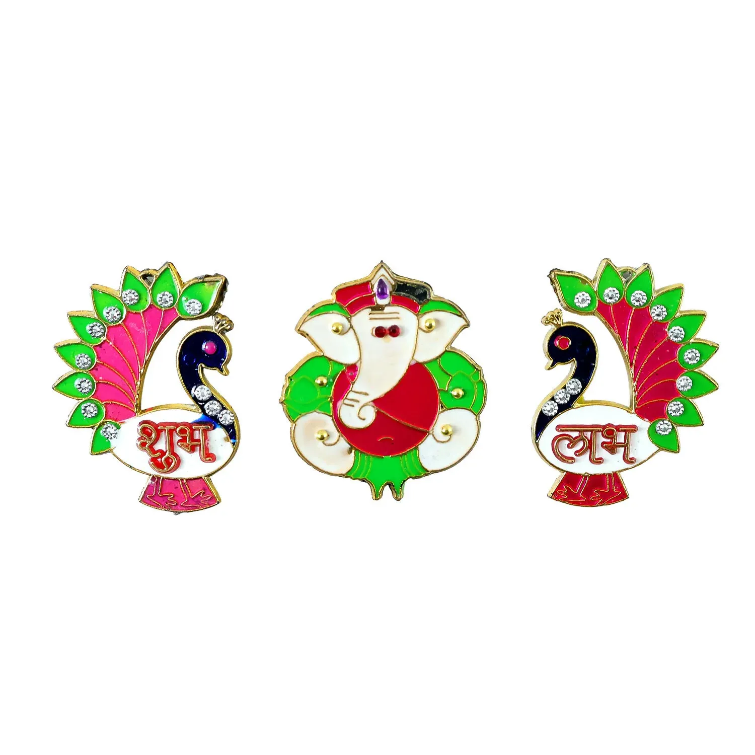 Acrylic Meenakari Peacock Ganesh Shubh Labh Door Hanging – Set of 3 - Detailed Feature View 4