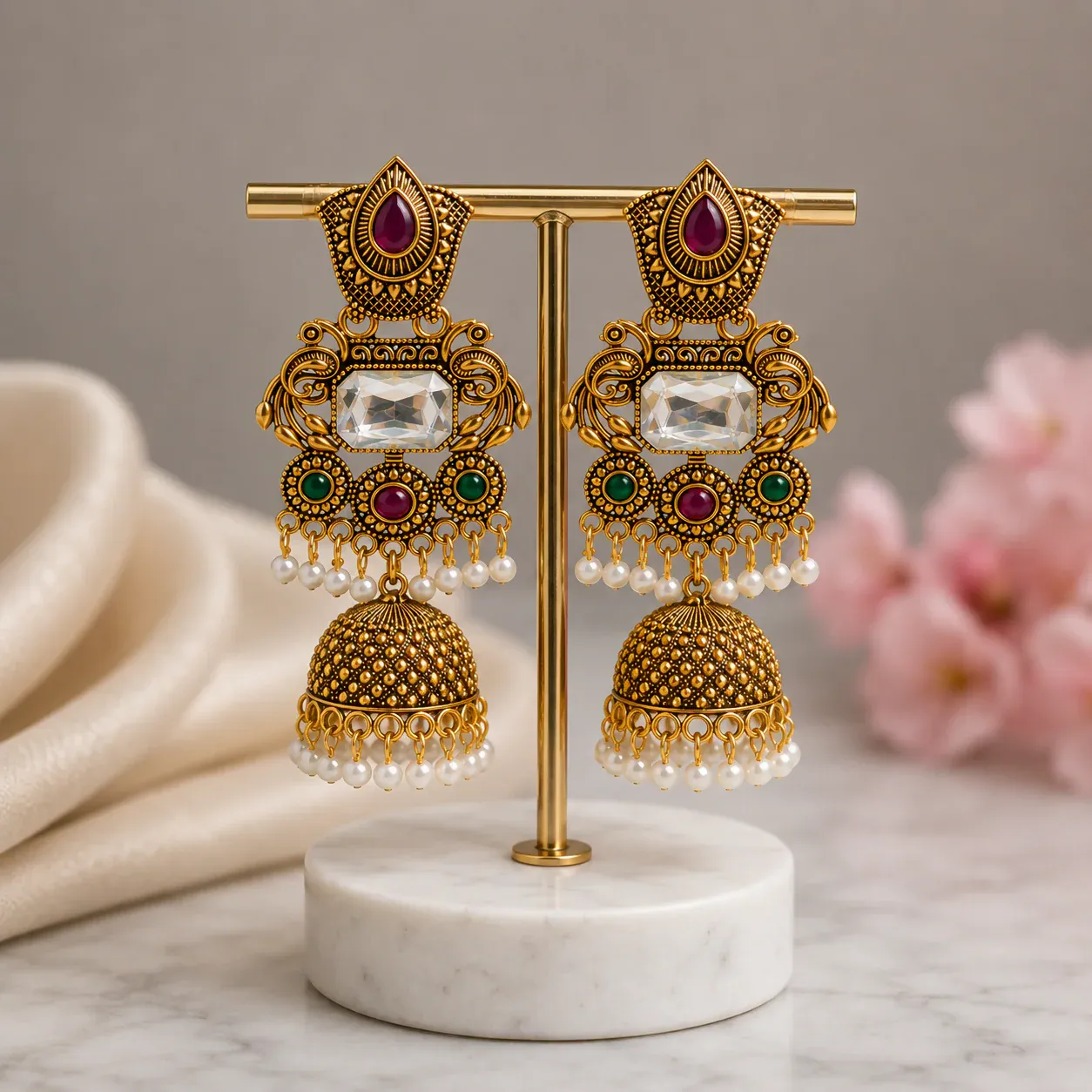 Premium Gold Plated Kundan Jhumka Earrings with Pearl Drops for Women - Buy Online at Alikart