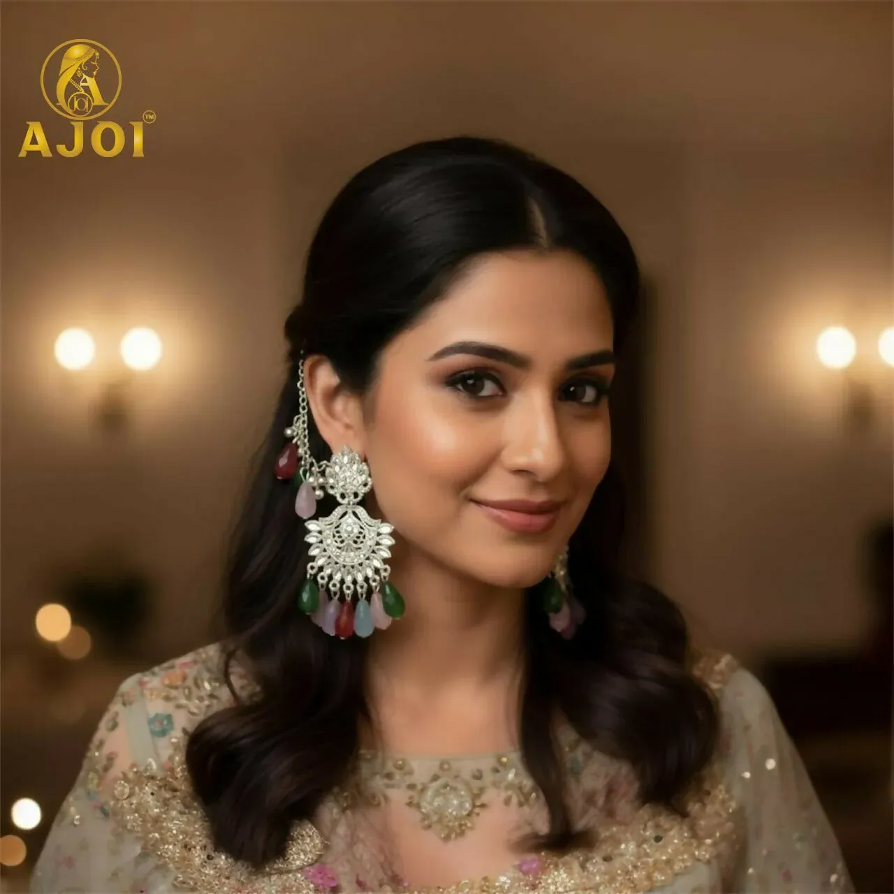 Royal Silver-Plated Kansar Earrings with Multicolor Beads & Floral Design - Detailed Feature View 1
