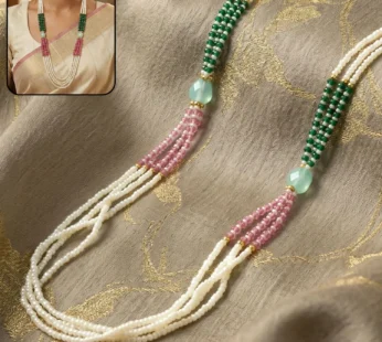 Elegant Multi-Layer Pearl Necklace with Green, Pink & Pastel Stones