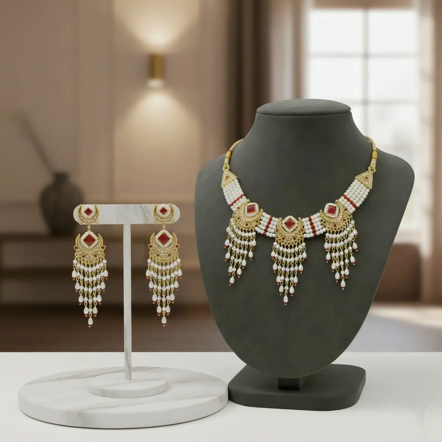 Premium Radiant Ruby & Pearl Chandbali Choker Set with Matching Statement Earrings - Buy Online at Alikart