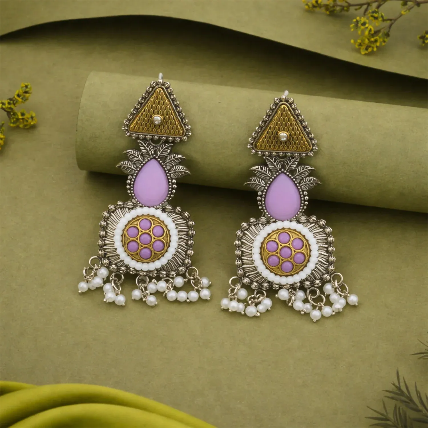 Elegant Blush Pink & Pearl Embellished Statement Drop Earrings with Antique Silver Finish and Intricate Floral Filigree Design - Detailed Feature View 1
