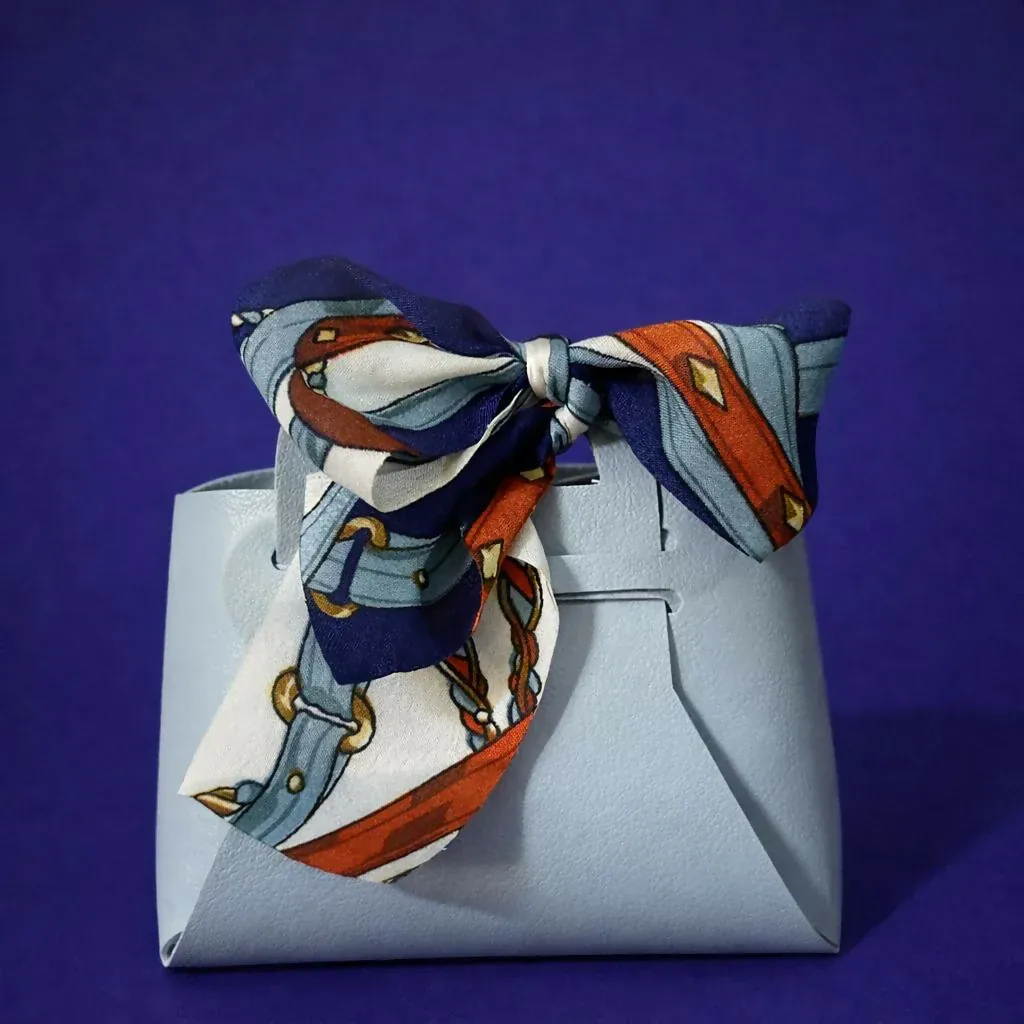 Mini Sky Blue Handbag Organizer with Printed Bow Scarf - Detailed Feature View 2