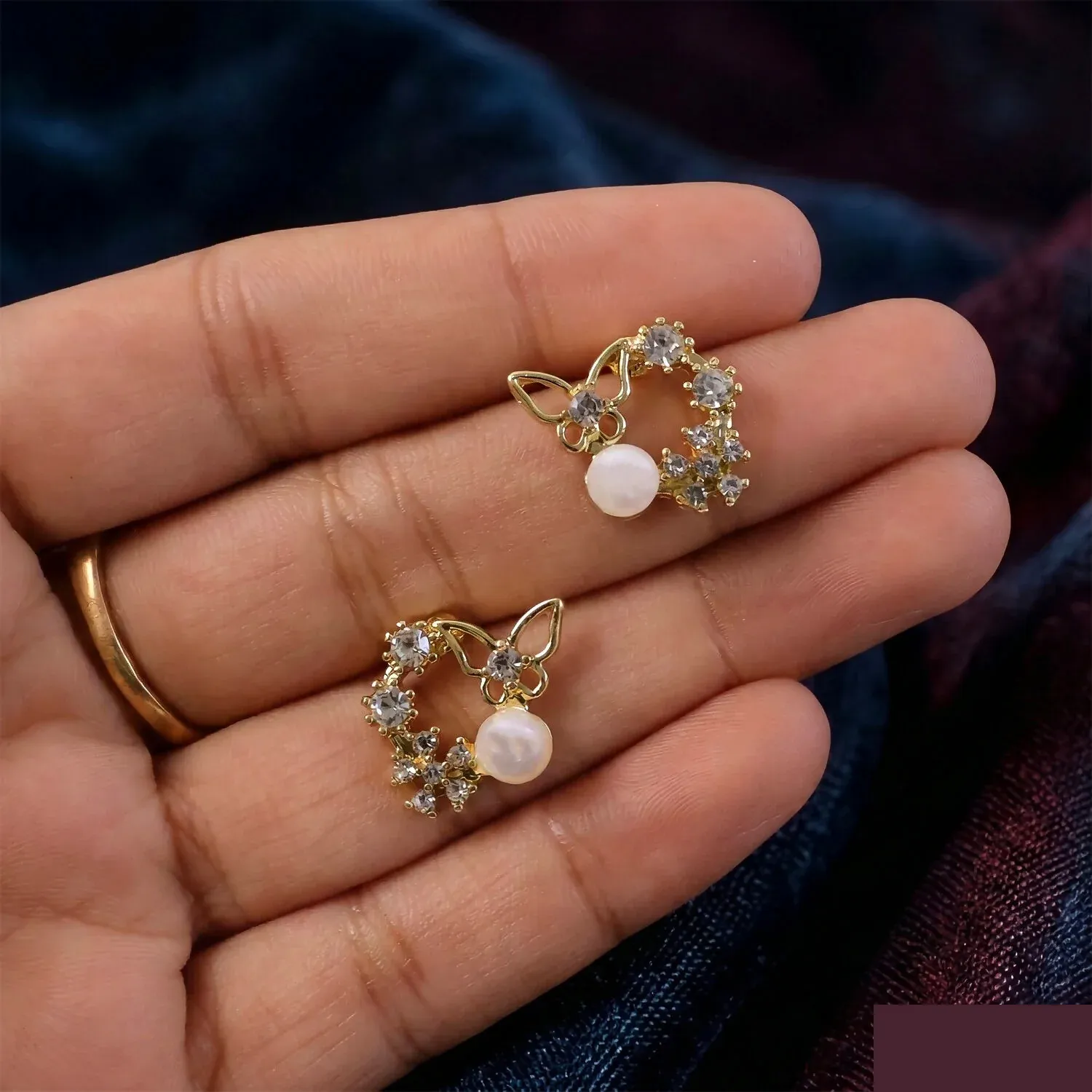 Butterfly Pearl Crystal Stud Earrings for Women & Girls - Detailed Feature View 3